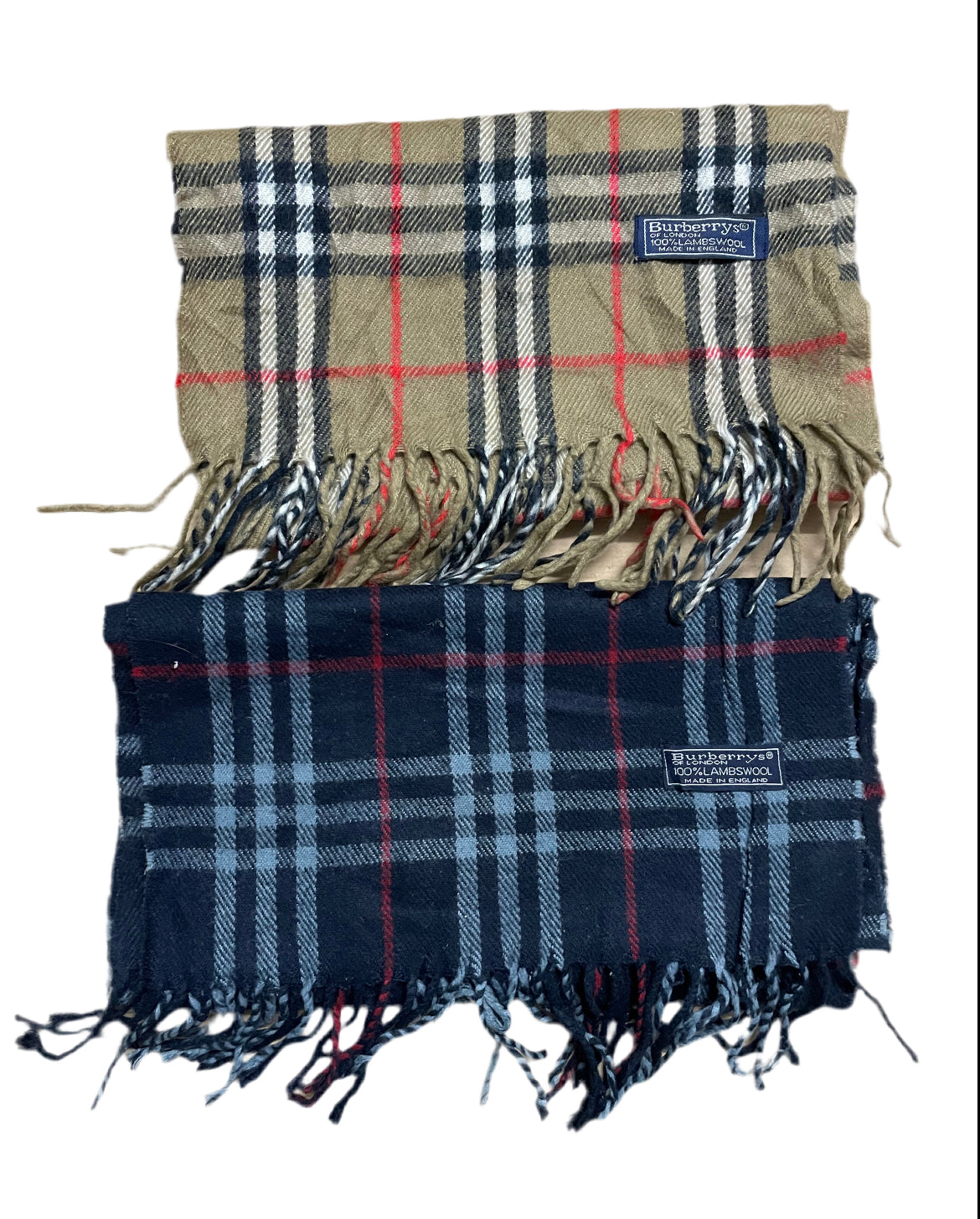 2x Burberry of London 100% lambswool navy and beige scarfs.